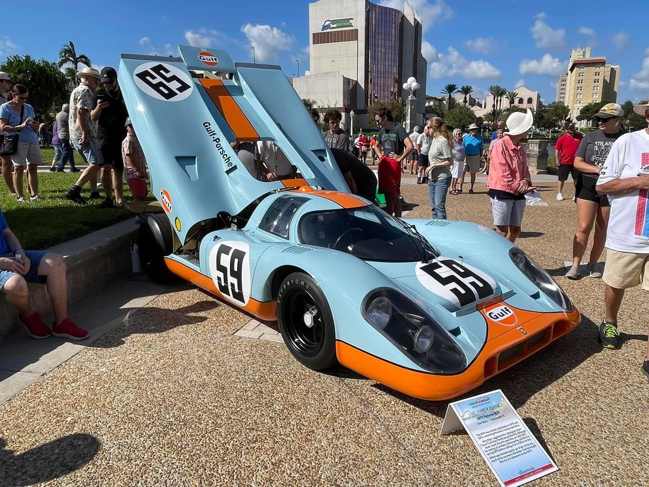 A museum-displayed race car at the Lake Mirror Classic